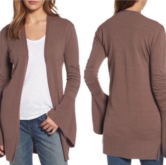 Hinge Bell Sleeve Brown Cardigan Ruched Bohemian Nordstrom Size Medium Sweater - Picture 3 of 11